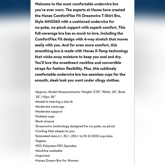 Hanes ComfortFlex Fit Dreamwire T-Shirt Bra, Style MHG563 Size S - Picture 8 of 9